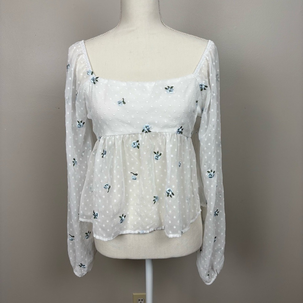 Atar'd State Top Med White Blue Embroidered‎ Floral Balloon Sleeve Sheer Bow Tie